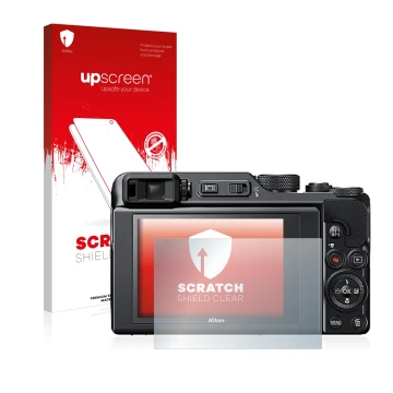 Parte frontale di una confezione del prodotto con il logo del marchio upscreen. Accanto è raffigurato il dispositivo Nikon Coo