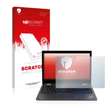 Parte frontale di una confezione del prodotto con il logo del marchio upscreen. Accanto è raffigurato il dispositivo Lenovo Th
