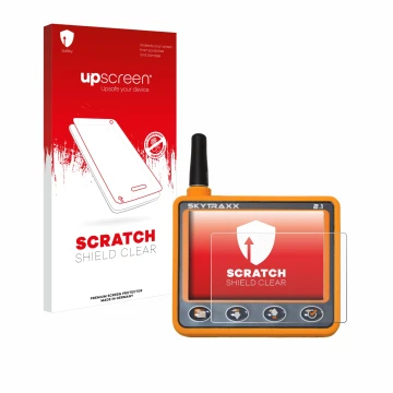 Parte frontale di una confezione del prodotto con il logo del marchio upscreen. Accanto è raffigurato il dispositivo Skytraxx 