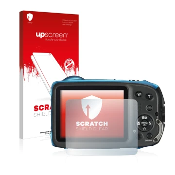 Parte frontale di una confezione del prodotto con il logo del marchio upscreen. Accanto è raffigurato il dispositivo Fujifilm 
