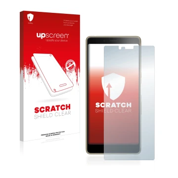 Parte frontale di una confezione del prodotto con il logo del marchio upscreen. Accanto è raffigurato il dispositivo Sony Xper