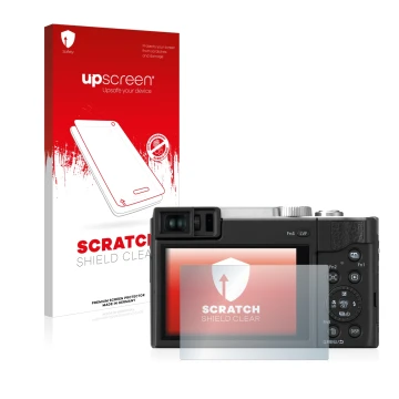 Parte frontale di una confezione del prodotto con il logo del marchio upscreen. Accanto è raffigurato il dispositivo Panasonic