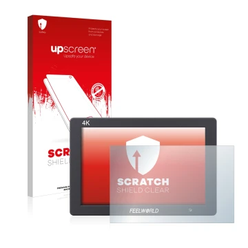 Parte frontale di una confezione del prodotto con il logo del marchio upscreen. Accanto è raffigurato il dispositivo Feelworld