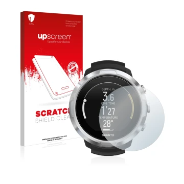 Parte frontale di una confezione del prodotto con il logo del marchio upscreen. Accanto è raffigurato il dispositivo Suunto D6