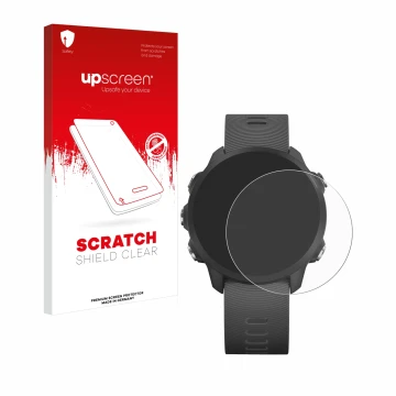 Parte frontale di una confezione del prodotto con il logo del marchio upscreen. Accanto è raffigurato il dispositivo Garmin Fo