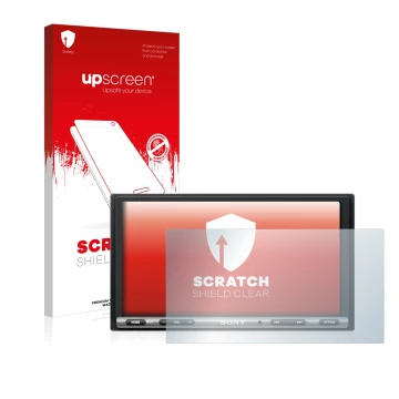 Parte frontale di una confezione del prodotto con il logo del marchio upscreen. Accanto è raffigurato il dispositivo Sony XAV-