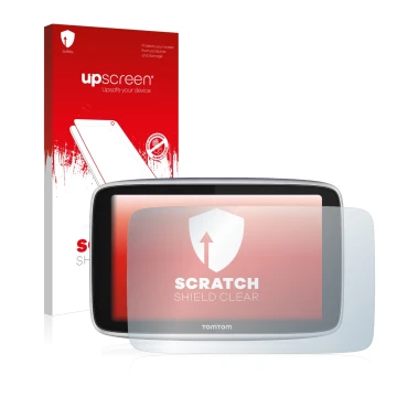 Parte frontale di una confezione del prodotto con il logo del marchio upscreen. Accanto è raffigurato il dispositivo TomTom GO