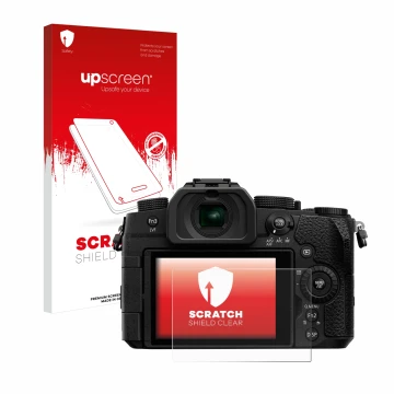 Parte frontale di una confezione del prodotto con il logo del marchio upscreen. Accanto è raffigurato il dispositivo Panasonic