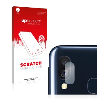 Parte frontale di una confezione del prodotto con il logo del marchio upscreen. Accanto è raffigurato il dispositivo Samsung G