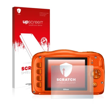 Parte frontale di una confezione del prodotto con il logo del marchio upscreen. Accanto è raffigurato il dispositivo Nikon Coo