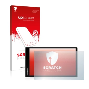 Parte frontale di una confezione del prodotto con il logo del marchio upscreen. Accanto è raffigurato il dispositivo Garmin Ca