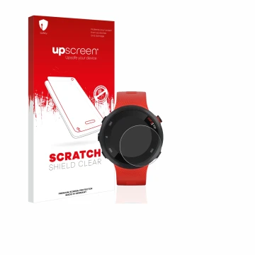 Parte frontale di una confezione del prodotto con il logo del marchio upscreen. Accanto è raffigurato il dispositivo Garmin Fo