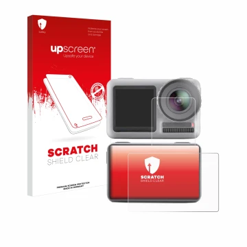 Parte frontale di una confezione del prodotto con il logo del marchio upscreen. Accanto è raffigurato il dispositivo DJI Osmo 