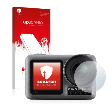 Parte frontale di una confezione del prodotto con il logo del marchio upscreen. Accanto è raffigurato il dispositivo DJI Osmo 