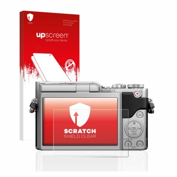 Parte frontale di una confezione del prodotto con il logo del marchio upscreen. Accanto è raffigurato il dispositivo Panasonic