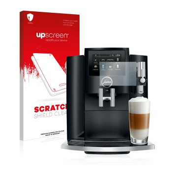 Parte frontale di una confezione del prodotto con il logo del marchio upscreen. Accanto è raffigurato il dispositivo Jura S8 c