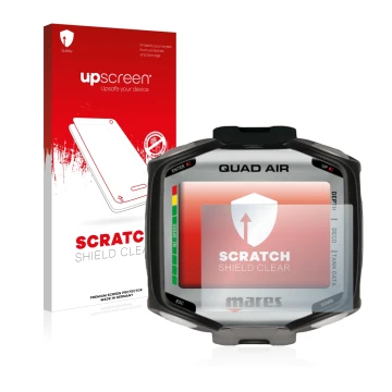 Parte frontale di una confezione del prodotto con il logo del marchio upscreen. Accanto è raffigurato il dispositivo Mares Qua