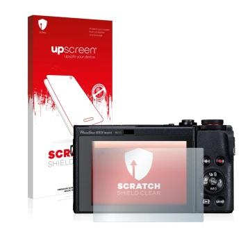 Parte frontale di una confezione del prodotto con il logo del marchio upscreen. Accanto è raffigurato il dispositivo Canon Pow
