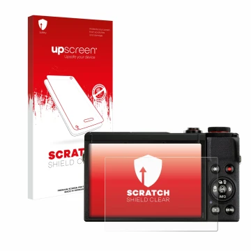 Parte frontale di una confezione del prodotto con il logo del marchio upscreen. Accanto è raffigurato il dispositivo Canon Pow