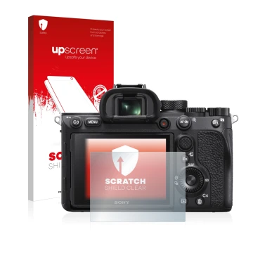 Parte frontale di una confezione del prodotto con il logo del marchio upscreen. Accanto è raffigurato il dispositivo Sony Alph