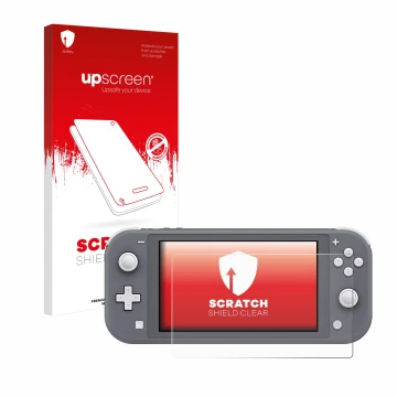 Parte frontale di una confezione del prodotto con il logo del marchio upscreen. Accanto è raffigurato il dispositivo Nintendo 