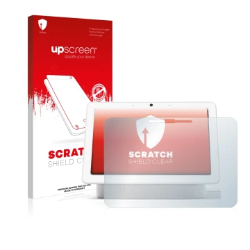 Parte frontale di una confezione del prodotto con il logo del marchio upscreen. Accanto è raffigurato il dispositivo Google Ne