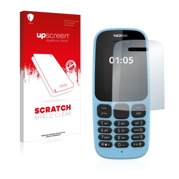 Parte frontale di una confezione del prodotto con il logo del marchio upscreen. Accanto è raffigurato il dispositivo Nokia 105
