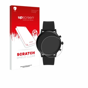 Parte frontale di una confezione del prodotto con il logo del marchio upscreen. Accanto è raffigurato il dispositivo Fossil Th