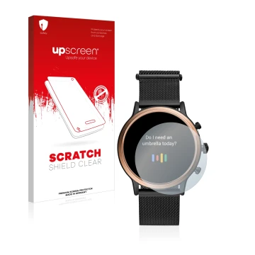 Parte frontale di una confezione del prodotto con il logo del marchio upscreen. Accanto è raffigurato il dispositivo Fossil Ju