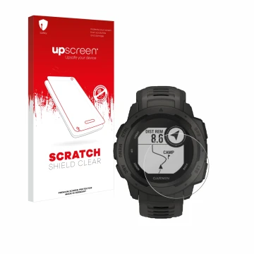 Parte frontale di una confezione del prodotto con il logo del marchio upscreen. Accanto è raffigurato il dispositivo Garmin In