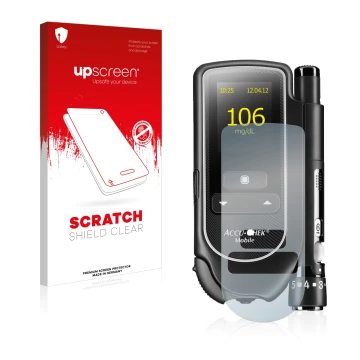 Parte frontale di una confezione del prodotto con il logo del marchio upscreen. Accanto è raffigurato il dispositivo Accu-Chek