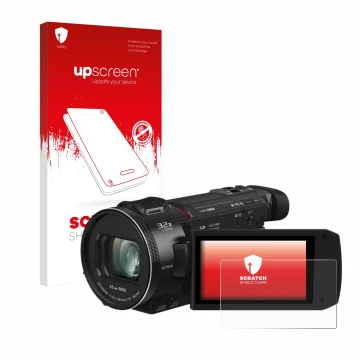 Parte frontale di una confezione del prodotto con il logo del marchio upscreen. Accanto è raffigurato il dispositivo Panasonic