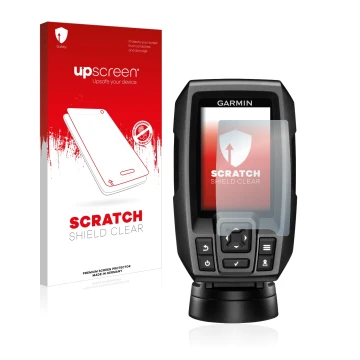 Parte frontale di una confezione del prodotto con il logo del marchio upscreen. Accanto è raffigurato il dispositivo Garmin St