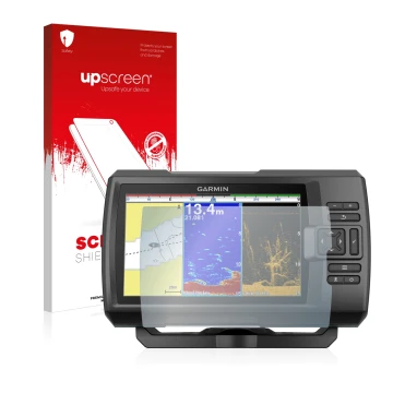 Parte frontale di una confezione del prodotto con il logo del marchio upscreen. Accanto è raffigurato il dispositivo Garmin St