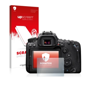 Parte frontale di una confezione del prodotto con il logo del marchio upscreen. Accanto è raffigurato il dispositivo Canon EOS