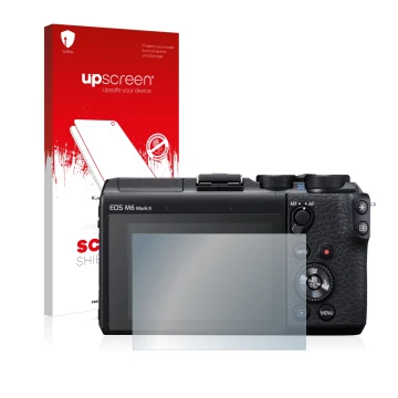 Parte frontale di una confezione del prodotto con il logo del marchio upscreen. Accanto è raffigurato il dispositivo Canon EOS