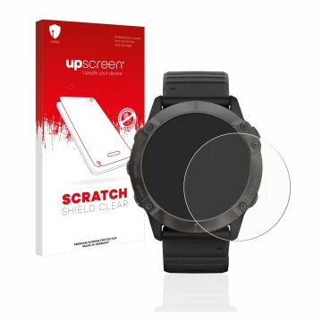 Parte frontale di una confezione del prodotto con il logo del marchio upscreen. Accanto è raffigurato il dispositivo Garmin Fe