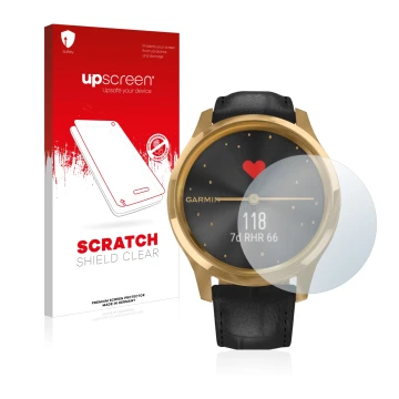 Parte frontale di una confezione del prodotto con il logo del marchio upscreen. Accanto è raffigurato il dispositivo Garmin vi