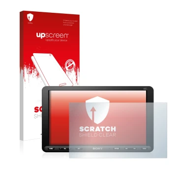 Parte frontale di una confezione del prodotto con il logo del marchio upscreen. Accanto è raffigurato il dispositivo Sony XAV-