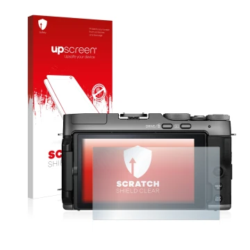 Parte frontale di una confezione del prodotto con il logo del marchio upscreen. Accanto è raffigurato il dispositivo Fujifilm 