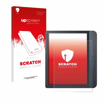 Parte frontale di una confezione del prodotto con il logo del marchio upscreen. Accanto è raffigurato il dispositivo Kobo Libr