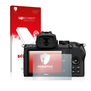 Parte frontale di una confezione del prodotto con il logo del marchio upscreen. Accanto è raffigurato il dispositivo Nikon Z 5