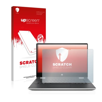 Parte frontale di una confezione del prodotto con il logo del marchio upscreen. Accanto è raffigurato il dispositivo HP Pavili