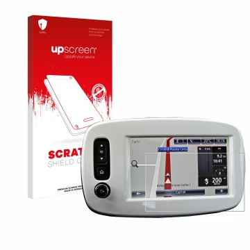 Parte frontale di una confezione del prodotto con il logo del marchio upscreen. Accanto è raffigurato il dispositivo TomTom Sm