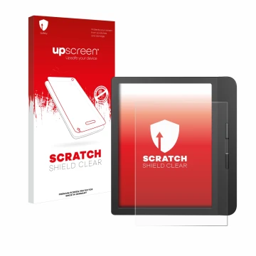 Parte frontale di una confezione del prodotto con il logo del marchio upscreen. Accanto è raffigurato il dispositivo Tolino Vi