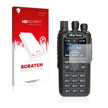 Parte frontale di una confezione del prodotto con il logo del marchio upscreen. Accanto è raffigurato il dispositivo AnyTone A