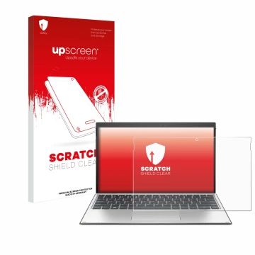 Parte frontale di una confezione del prodotto con il logo del marchio upscreen. Accanto è raffigurato il dispositivo HP Elite 
