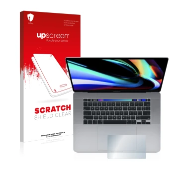 Parte frontale di una confezione del prodotto con il logo del marchio upscreen. Accanto è raffigurato il dispositivo Apple Mac