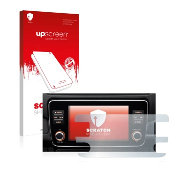 Parte frontale di una confezione del prodotto con il logo del marchio upscreen. Accanto è raffigurato il dispositivo Nissan Le