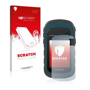 Parte frontale di una confezione del prodotto con il logo del marchio upscreen. Accanto è raffigurato il dispositivo Garmin eT